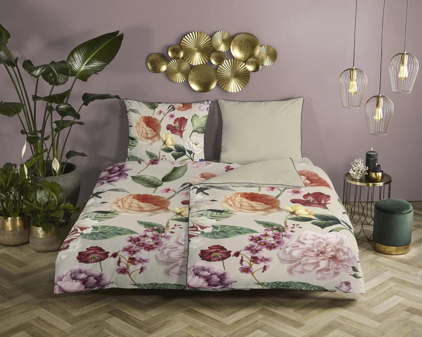 Descanso Wendebettwäsche Fiori Beige Satin 100% Bio-Baumwolle