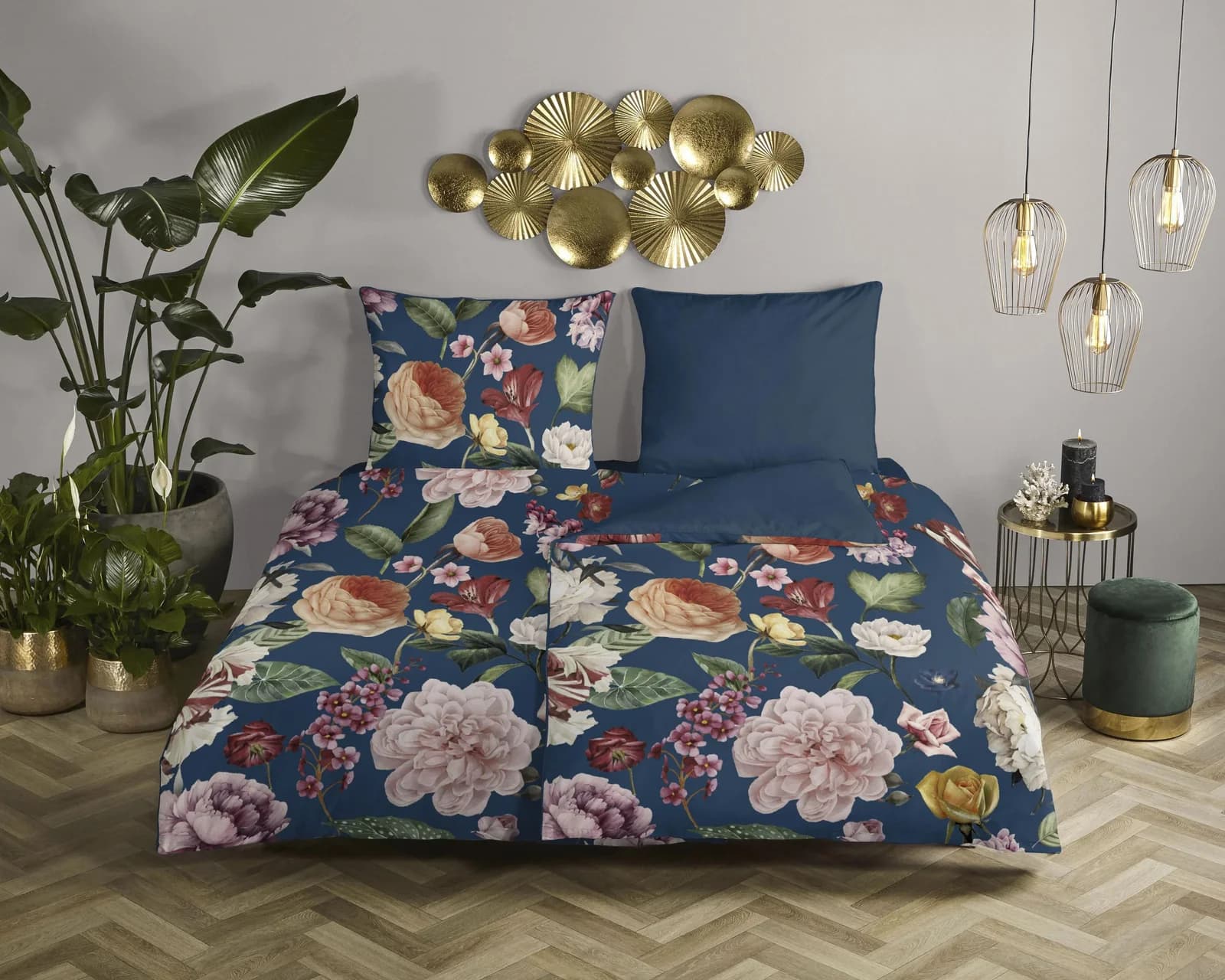Descanso Wendebettwäsche Fiori Blau Satin Bio-Baumwolle