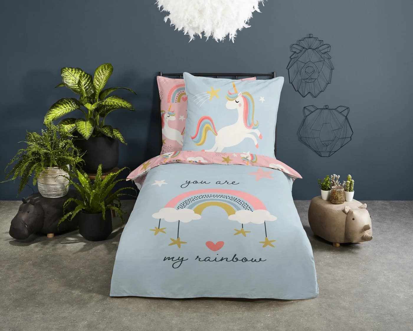 GOOD MORNING Kinderbettwäsche Suus Rosa Regenbogen Einhorn