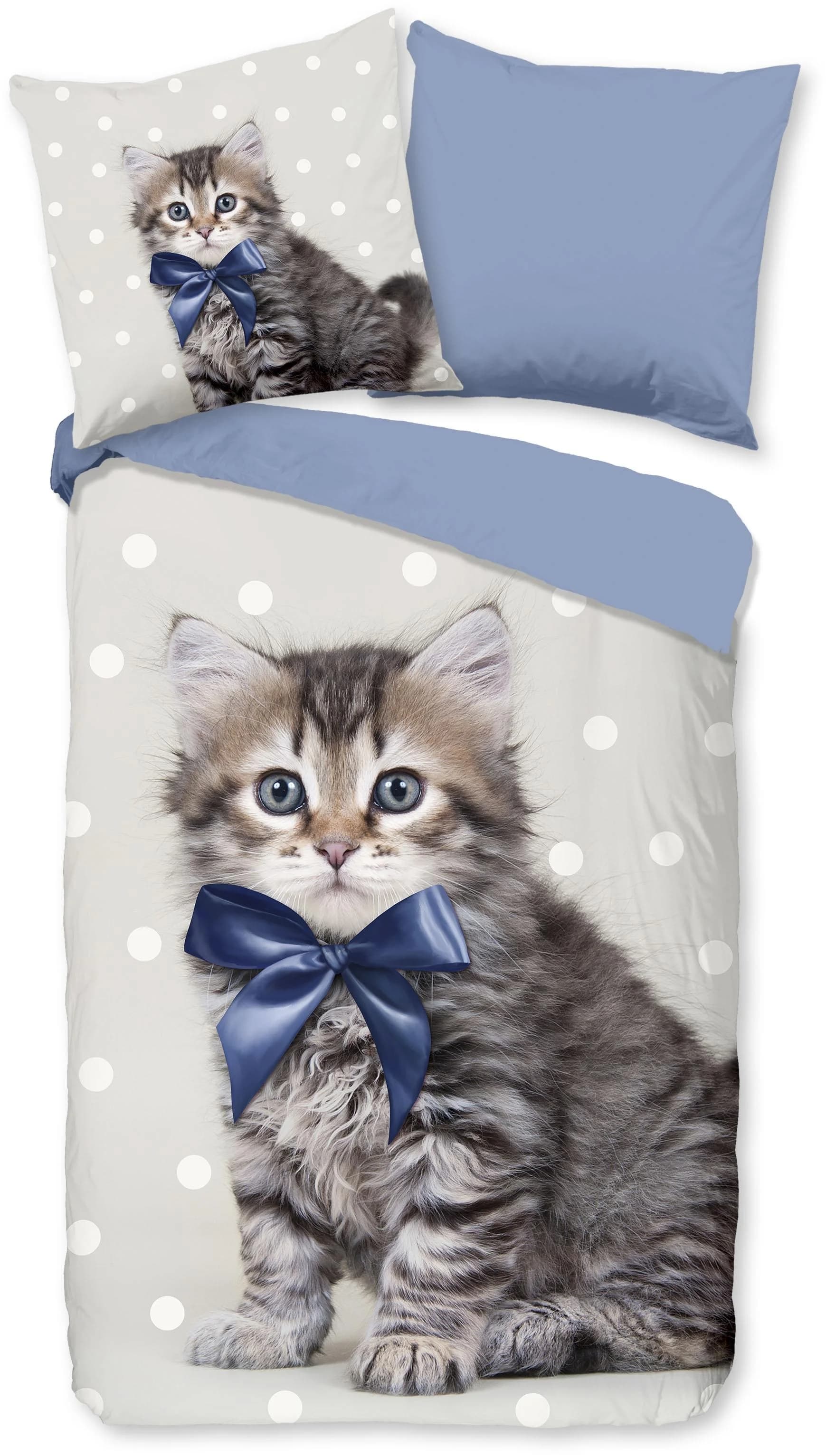 Good Morning Kinderbettwäsche Mae Blau Grau Katze Renforcé