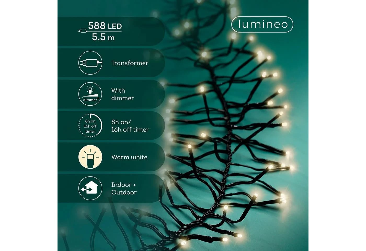 Lumineo LED-Lichterkette CLUSTER 588 LED 5,5 m warm weiß, schwarzes Kabel, Dimmbar, Timer, Indoor, Outdoor
