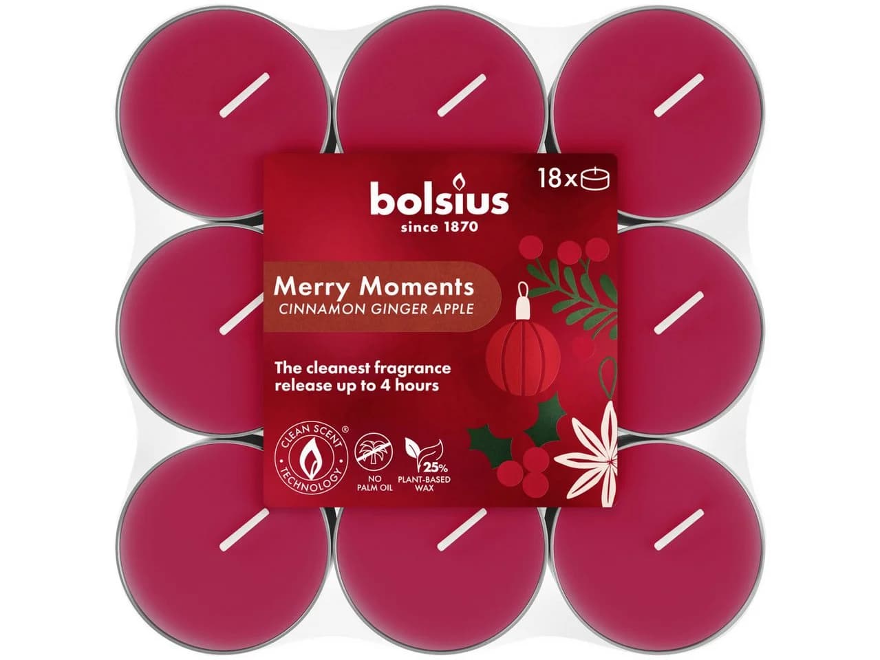 Bolsius Duftkerze Merry Moments 18er Pack Rot Ingwer-Apfel-Zimt