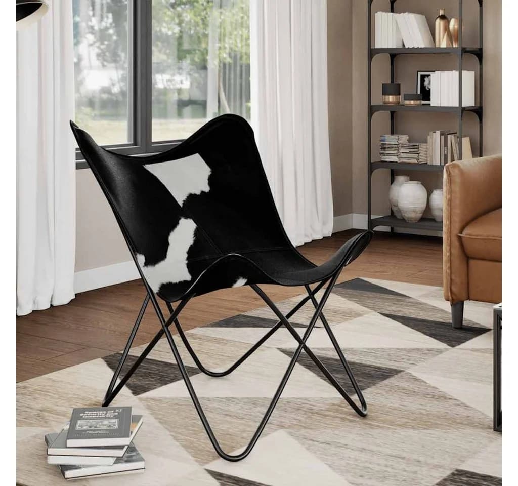 vidaXL Butterfly-Sessel Schwarz Weiß Echtes Kuhfell Vintage