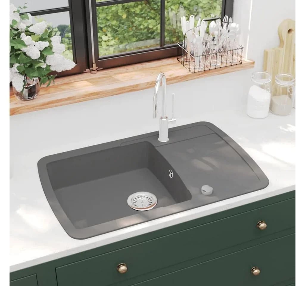 vidaXL Granitspüle Einzelbecken Grau Reversibel