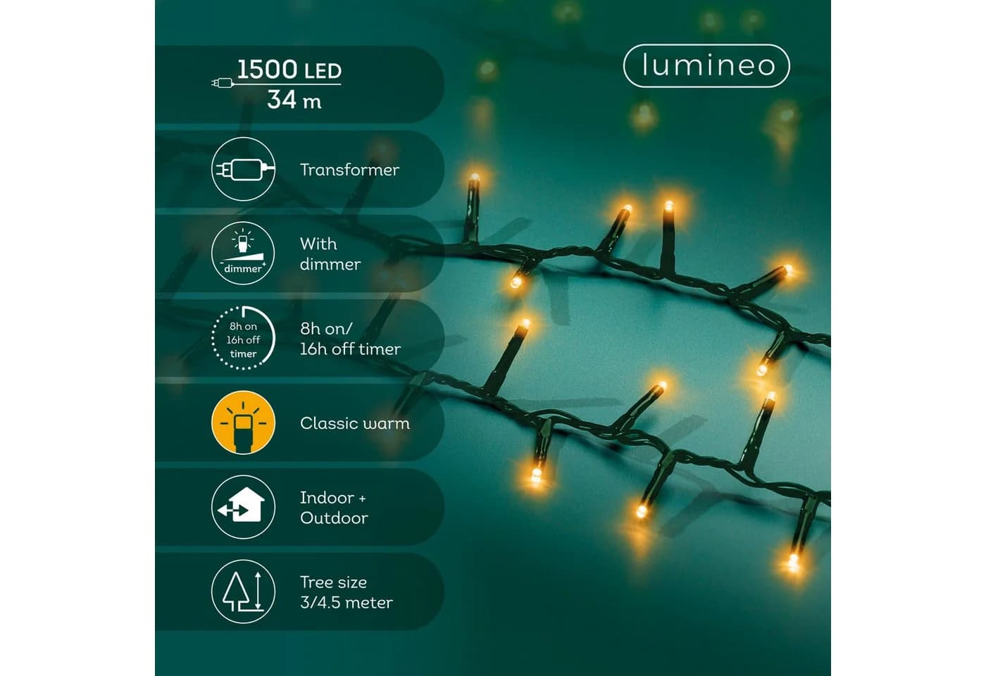 Lumineo LED-Lichterkette 1.500 LED 34m klassisch warm, grünes Kabel, Dimmbar, Timer, Indoor/Outdoor