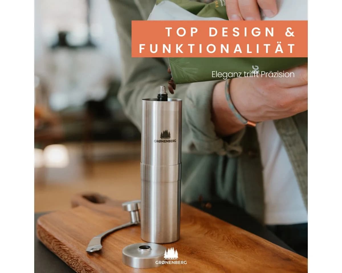 GRØNENBERG Espressokocher Spar Set 2 mit manueller Mühle & Edelstahl Mokkakanne