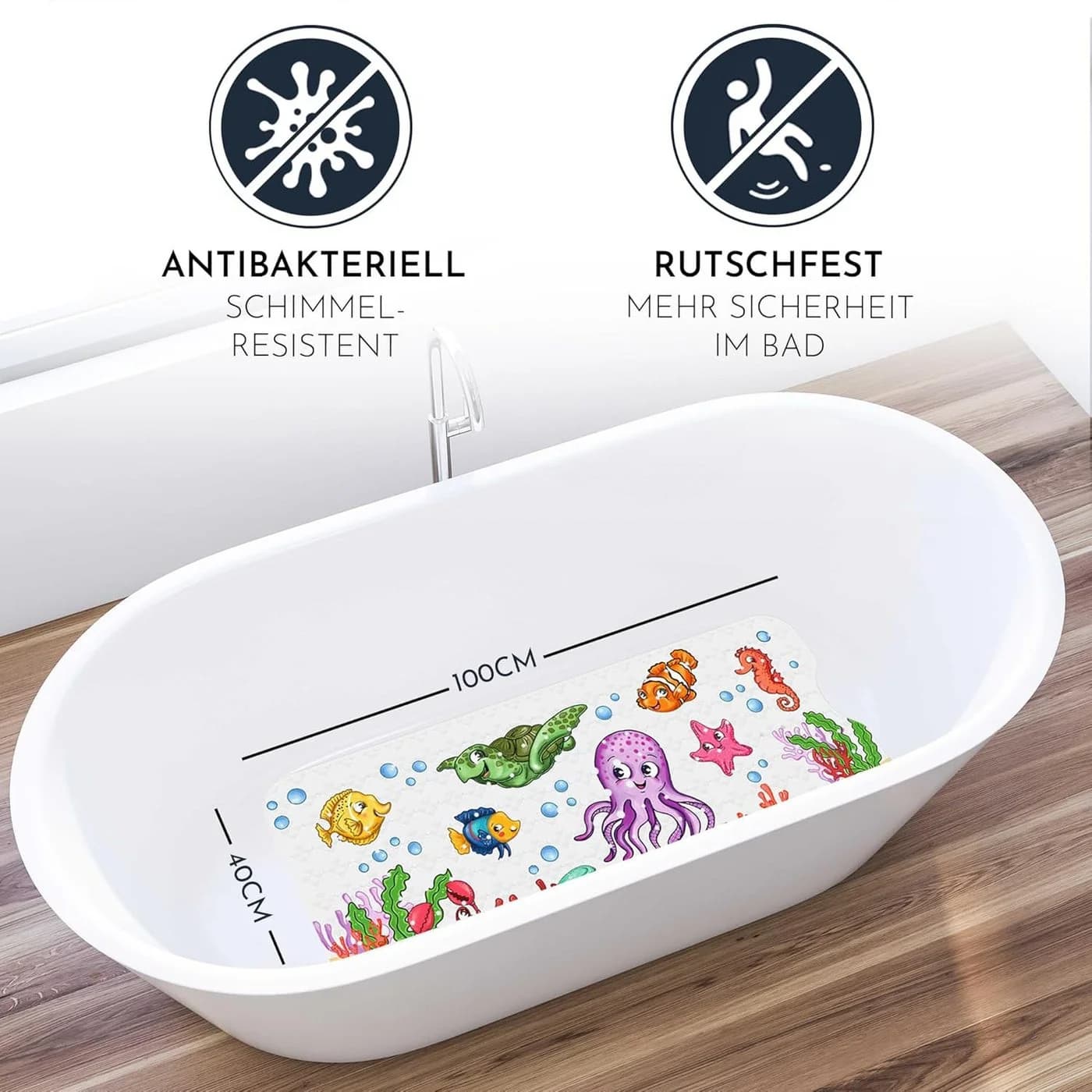 Homerella Badematte rutschfest Kinder BPA-frei 100x40cm mit Haken