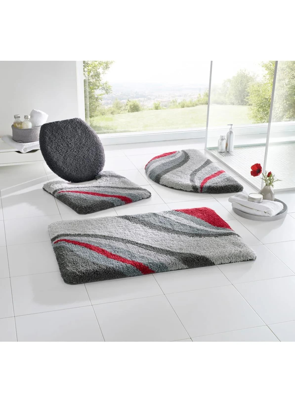 Badematte Hagemann Grau-Rot Halbrund 50x80 cm