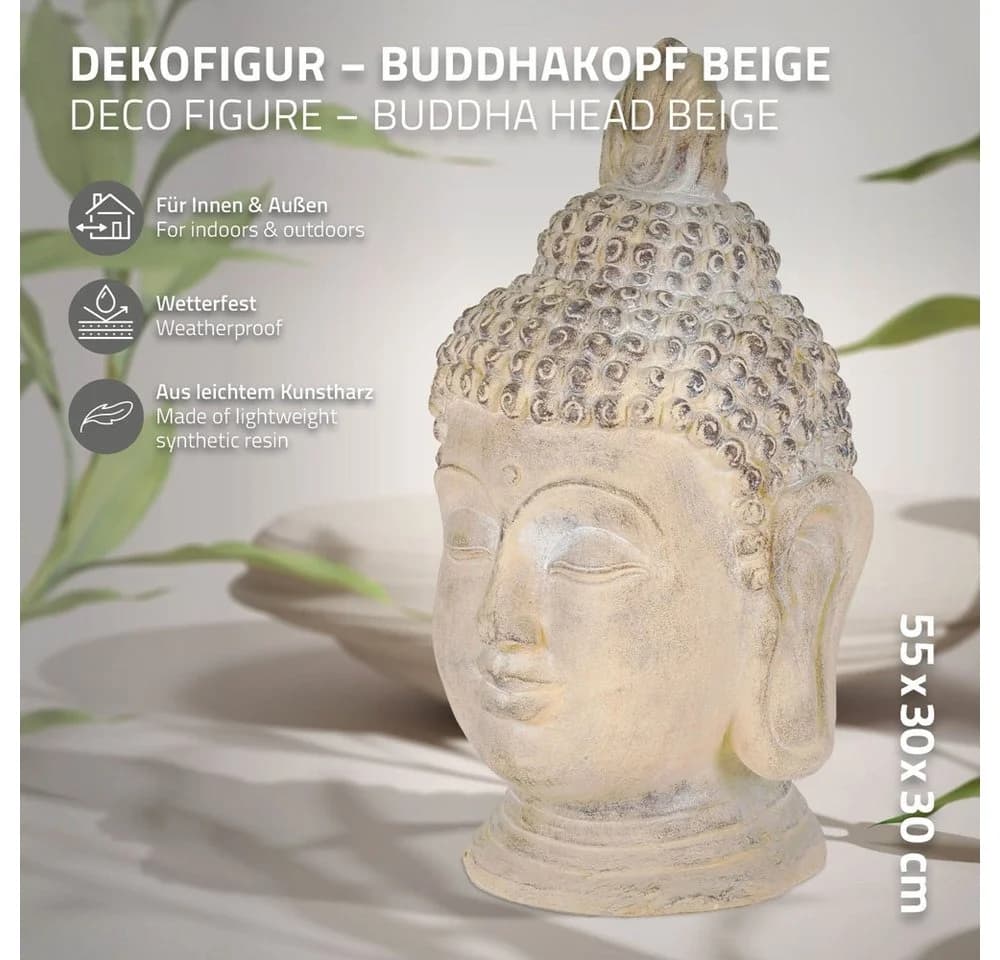 ECD Germany Buddha Kopf Statue Beige-Grau Kunststein Dekofigur