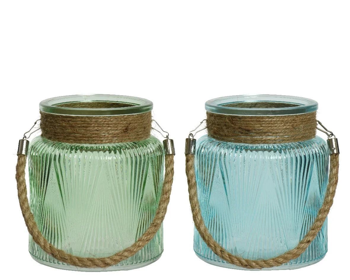 Decoris season decorations Windlicht Glas mit Henkel gerillt 13x15cm grün / blau 2er Set