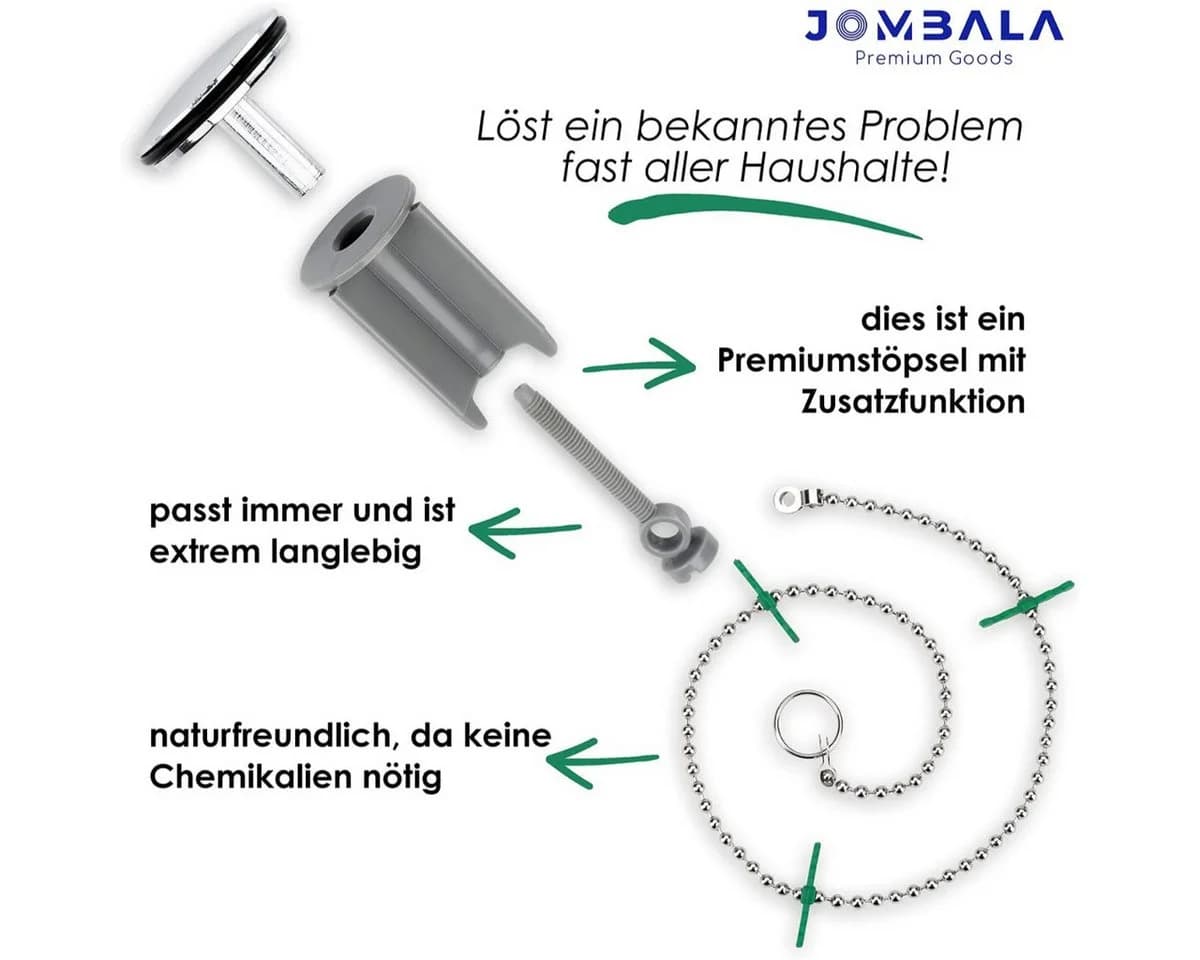 JOMBALA Premium Goods Abfluss-Stöpsel 40 mm Chrom mit Haarfangkette