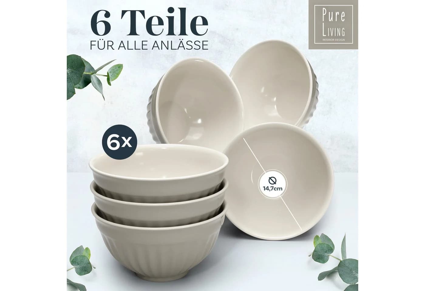 PURE LIVING INTERIOR DESIGN Hygge Müslischalen 6er-Set Steingut Riffelstruktur