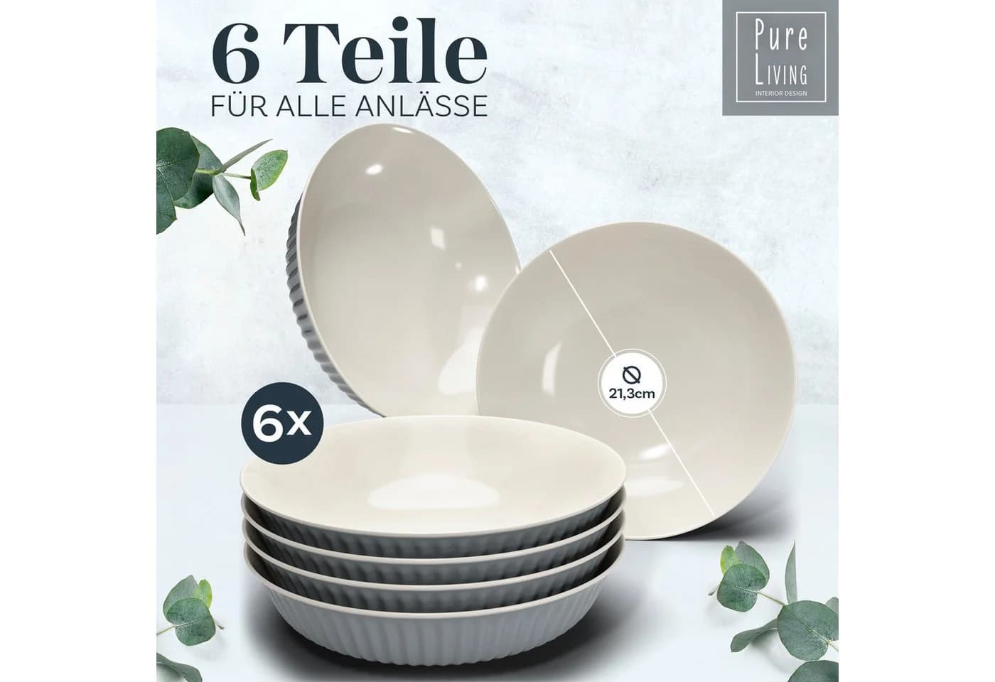 PURE LIVING Hygge Geschirr-Set 6-tlg. Suppenteller Steingut Graublau