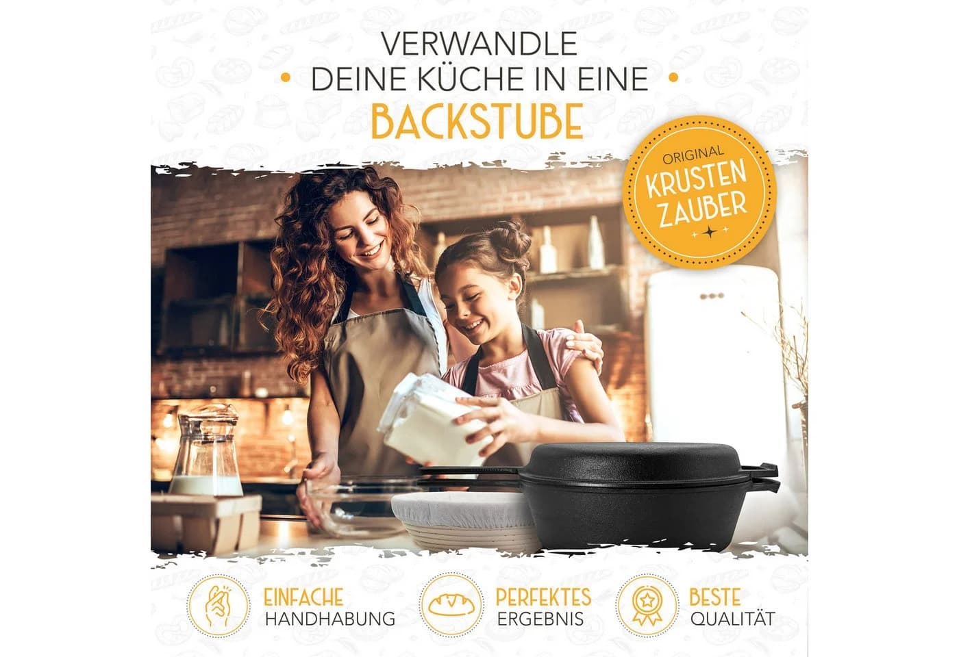 Krustenzauber Brotbackform Gusseisen Topf inkl. Rattan-Gärkorb