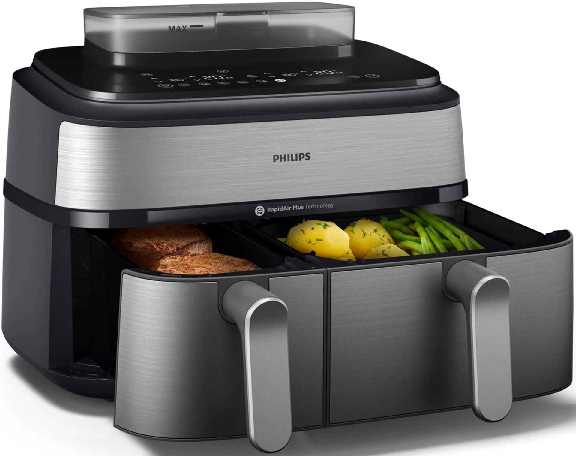 PHILIPS Heißluftfritteuse NA555/00 Steam Airfryer 5000 Series Dual Basket 9L Silber