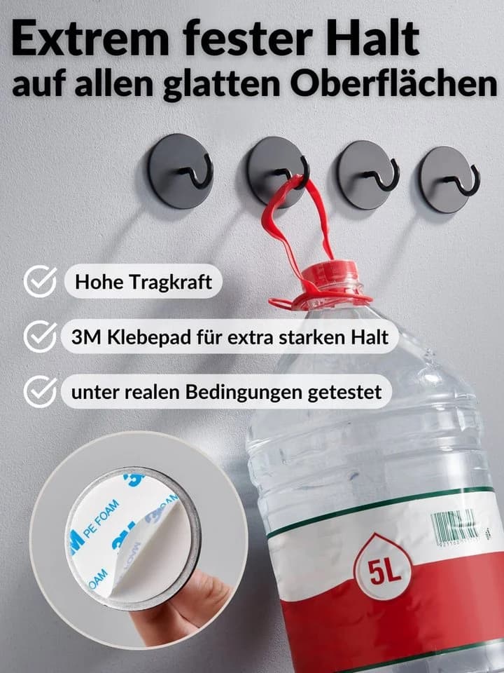 DEKAZIA Klebehaken selbstklebend 4er Set Edelstahl Schwarz/Weiß Matt