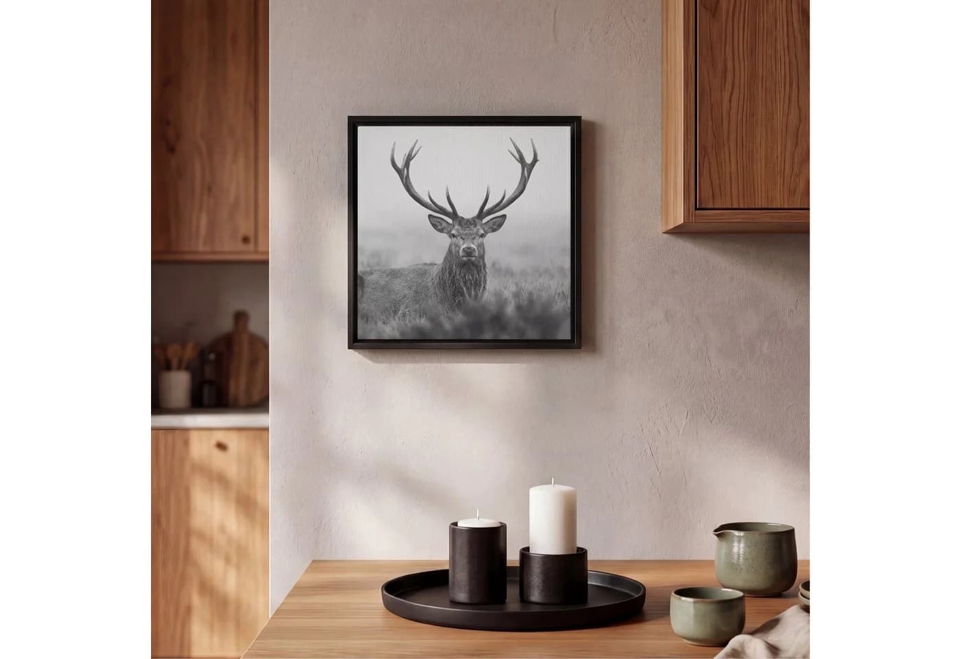 OneMillionCanvasses® Leinwandbild Hirsch Schwarz-Weiß mit Schattenfugenrahmen