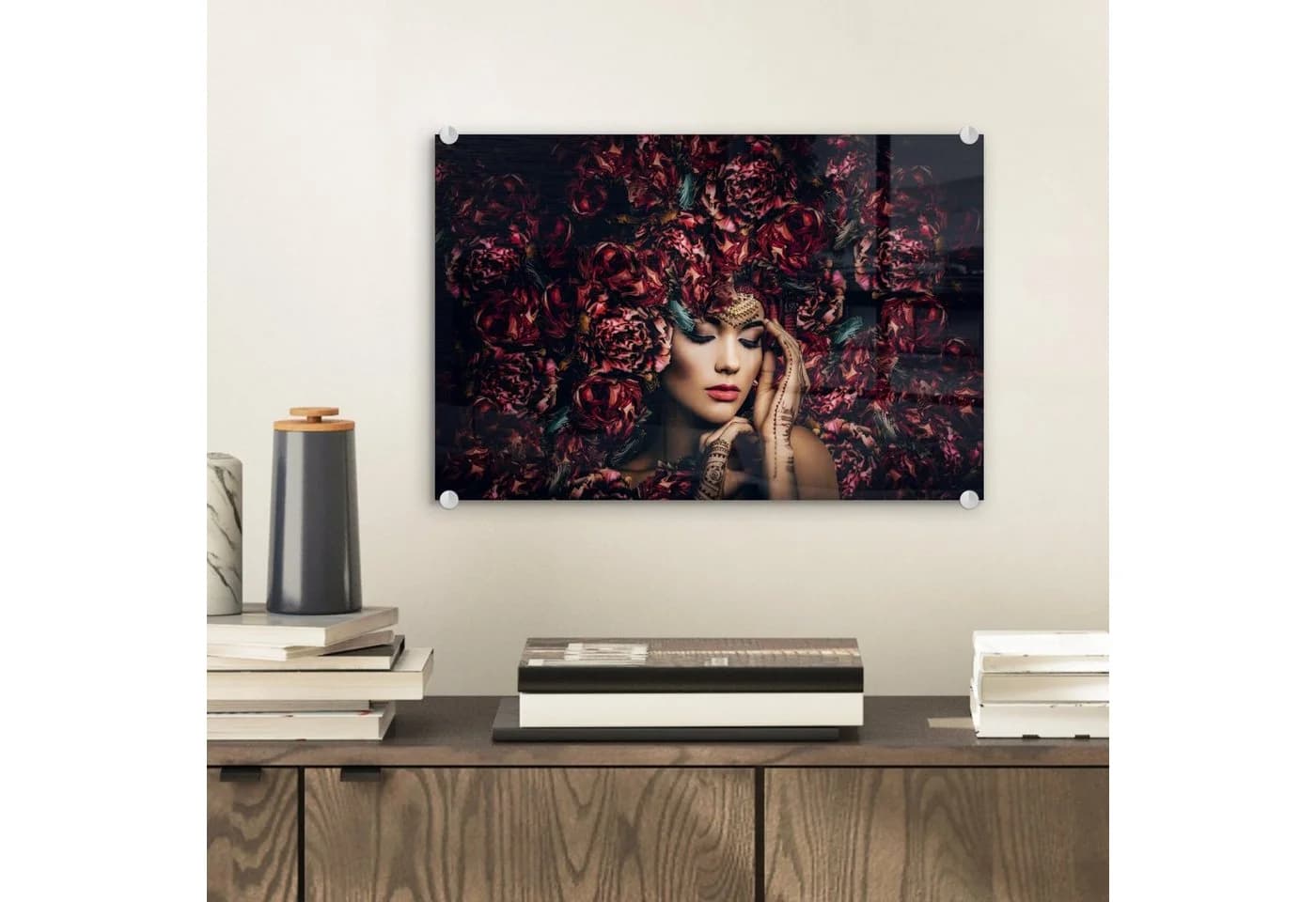 MuchoWow Acrylglasbild Frau Blumen Henna Porträt Modern