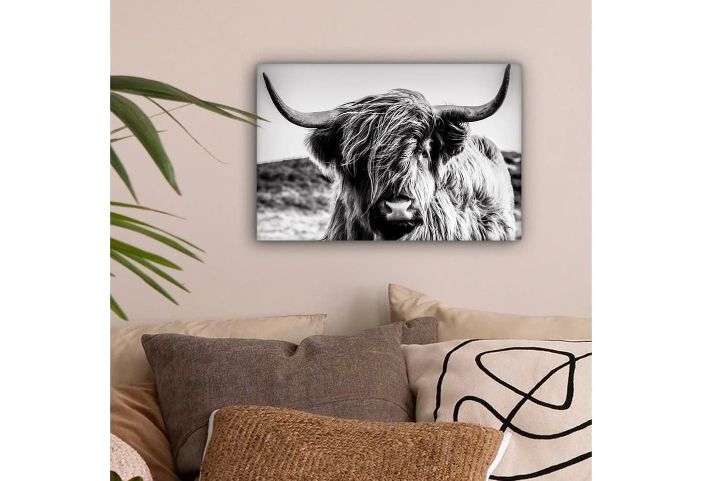 OneMillionCanvasses® Leinwandbild Kuh - Schottischer Hochländer Schwarz-Weiß