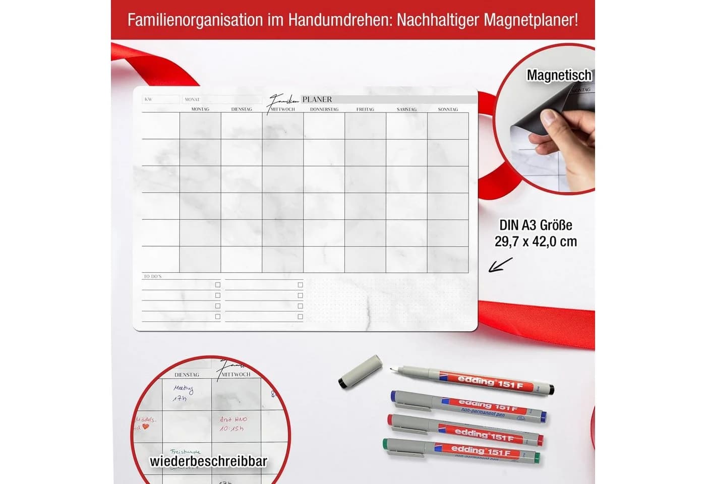 TOBJA Magnettafel A3 Familienplaner magnetisch +4 Stifte quer