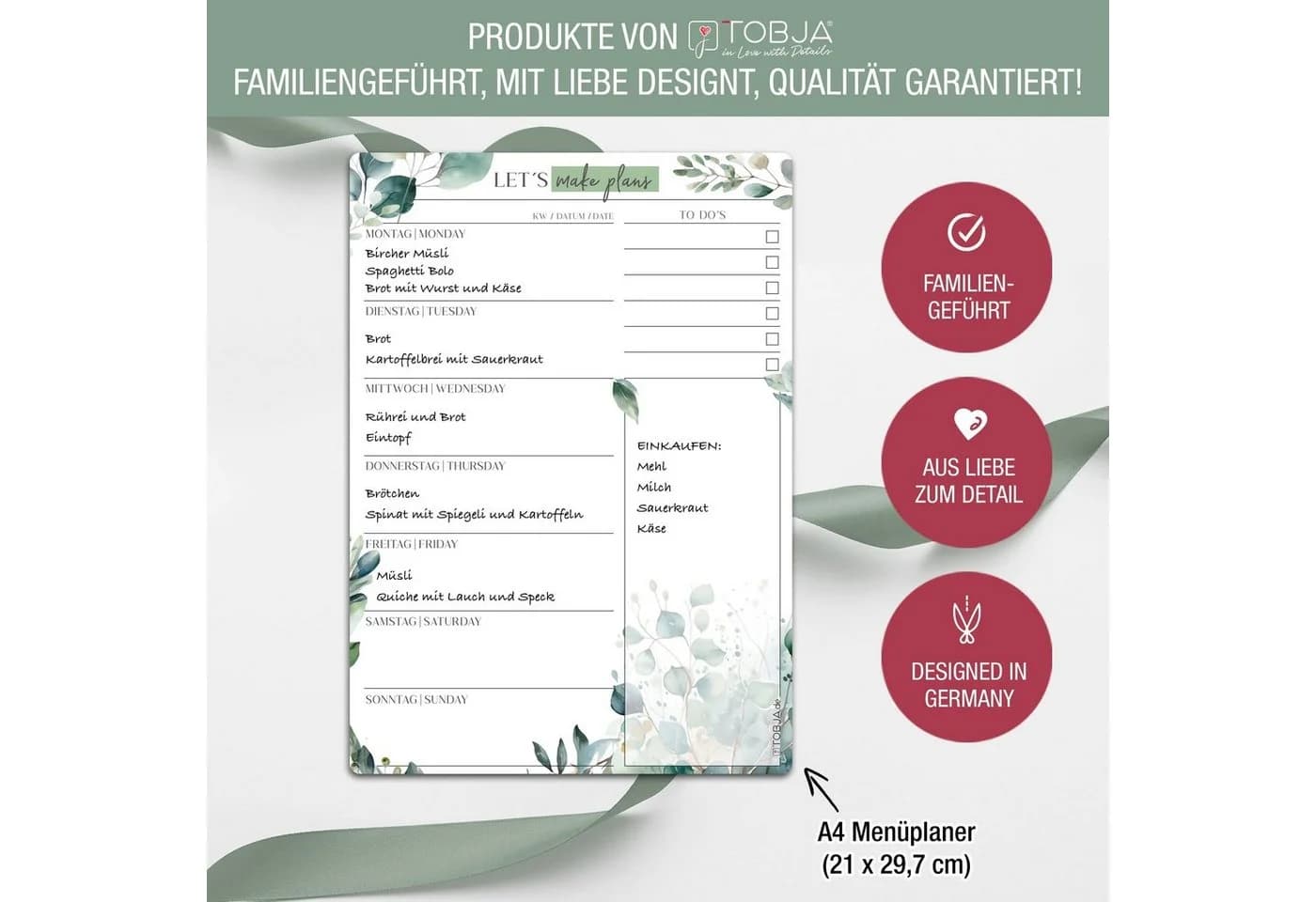 TOBJA Memoboard Essensplaner Woche Eukalyptus