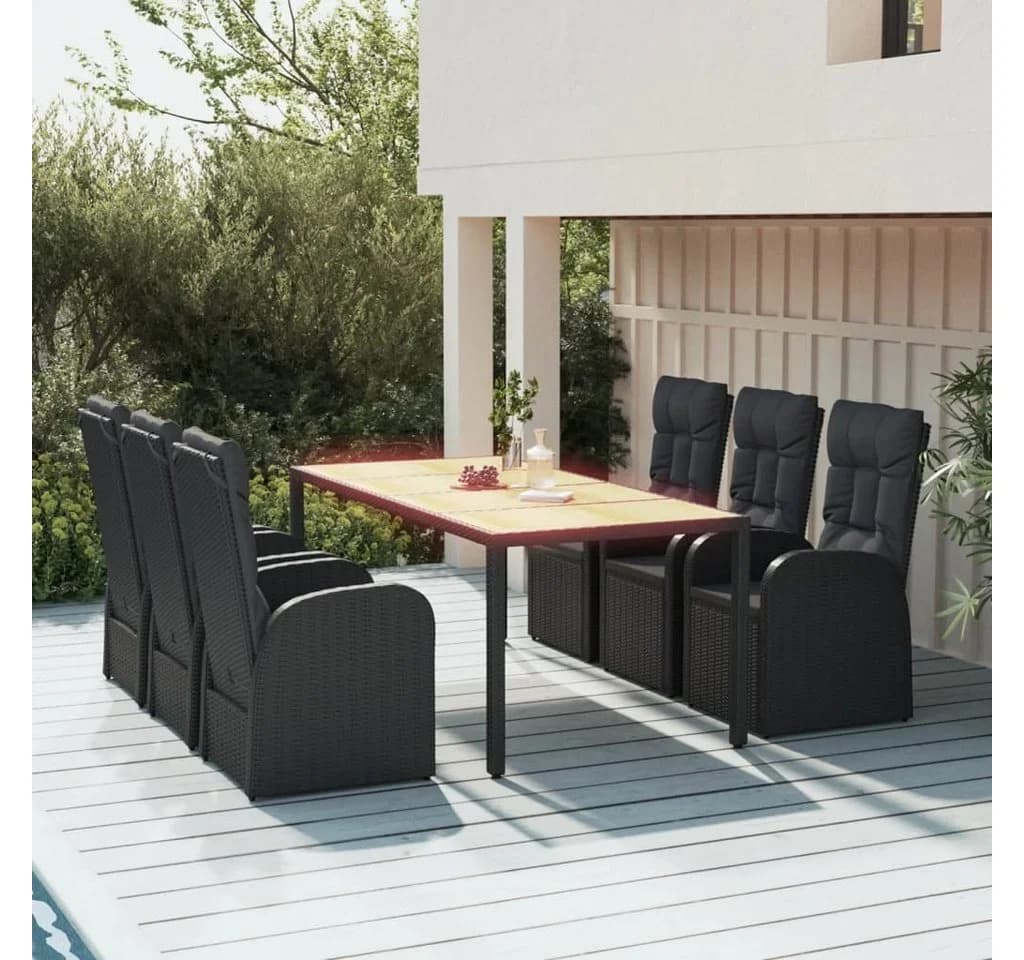vidaXL Garten-Essgruppe 7-tlg. Schwarz Poly Rattan mit Kissen