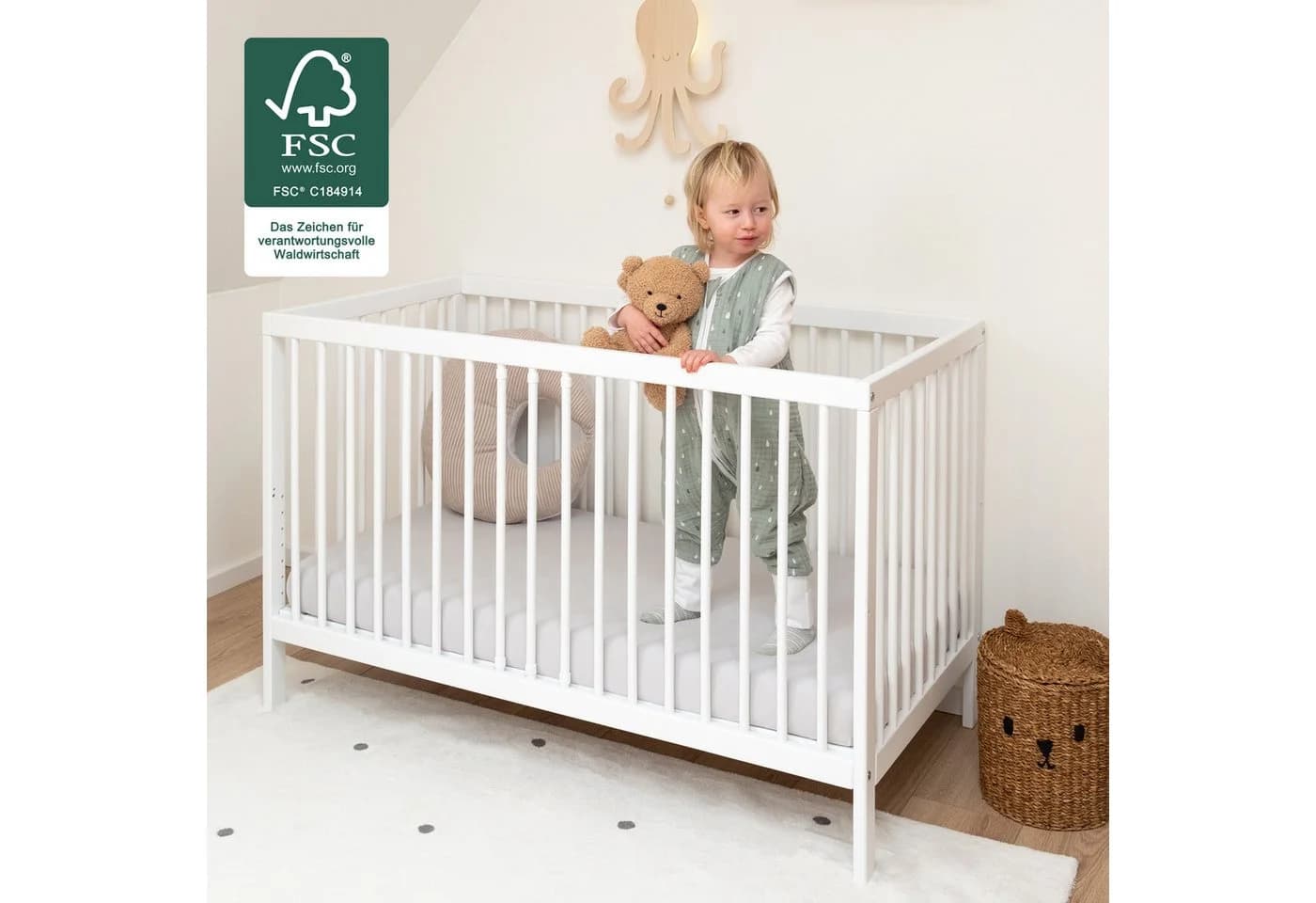 Ehrenkind Babybett PUR Massivholz Weiß 9-fach höhenverstellbar