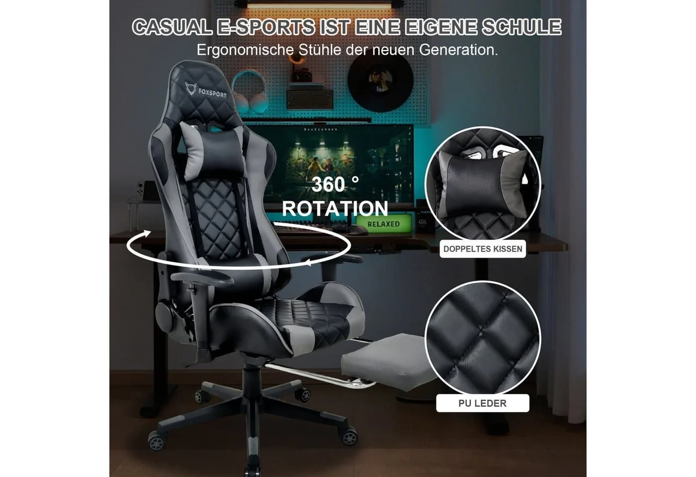 Seven Comfort Gaming-Stuhl mit Fußstütze und Lendenwirbelstütze Grau