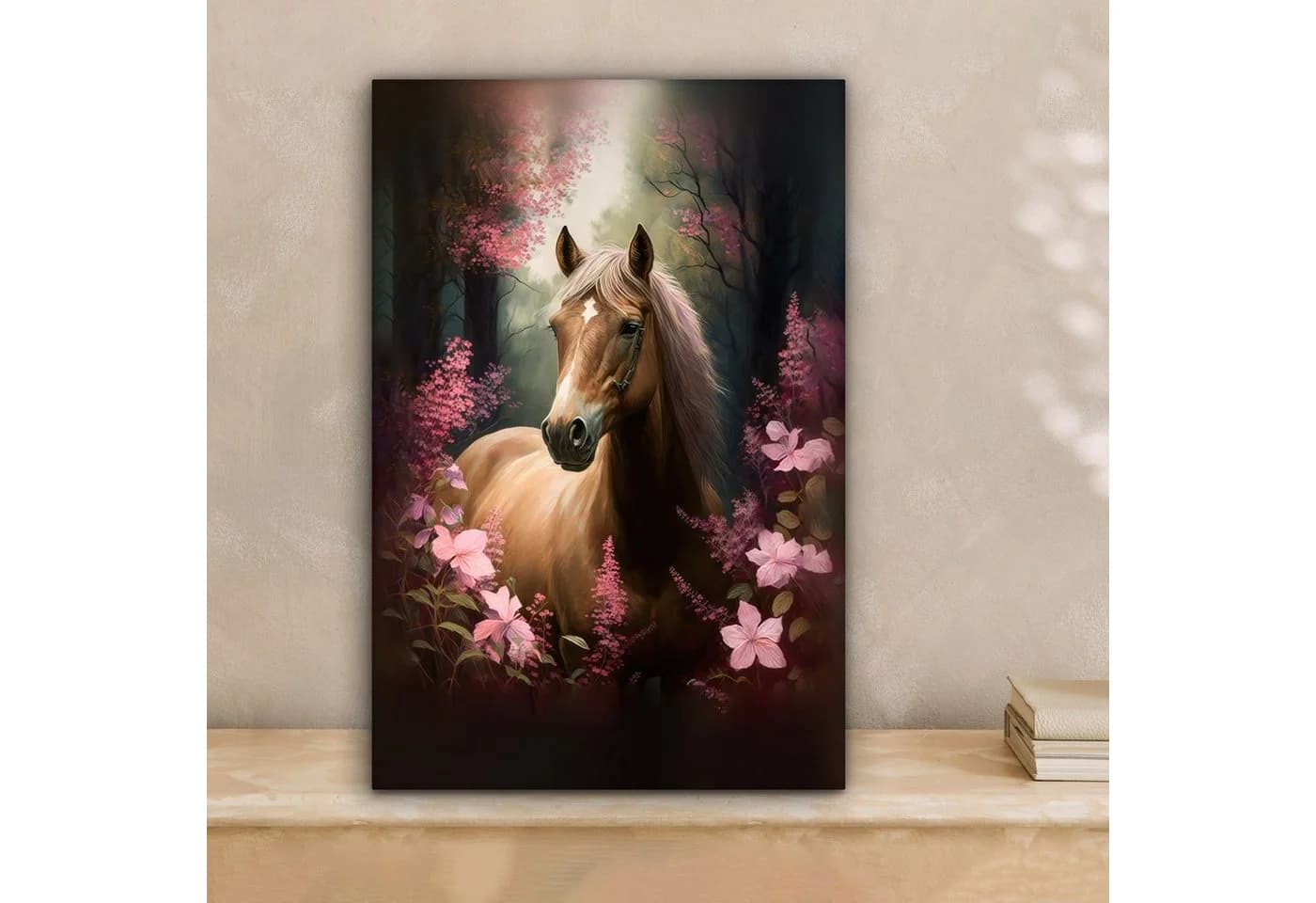 OneMillionCanvasses® Leinwandbild Pferd - Blumen - Rosa - Natur - Wald