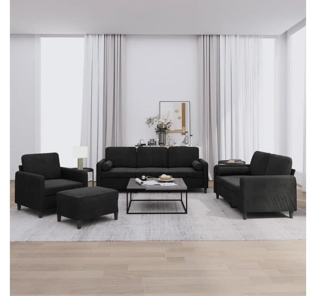 vidaXL 4-tlg. Sofagarnitur Schwarz Samt mit Kissen und Hocker
