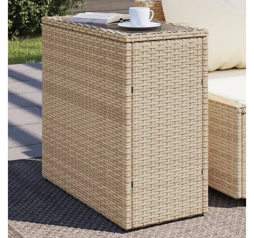vidaXL Gartentisch Beige Poly Rattan mit Glasplatte