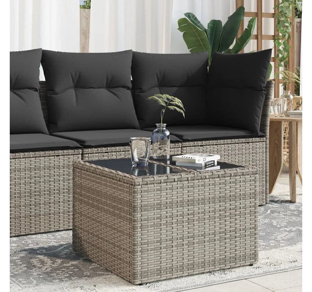 vidaXL Gartentisch Grau PE-Rattan Glasplatte