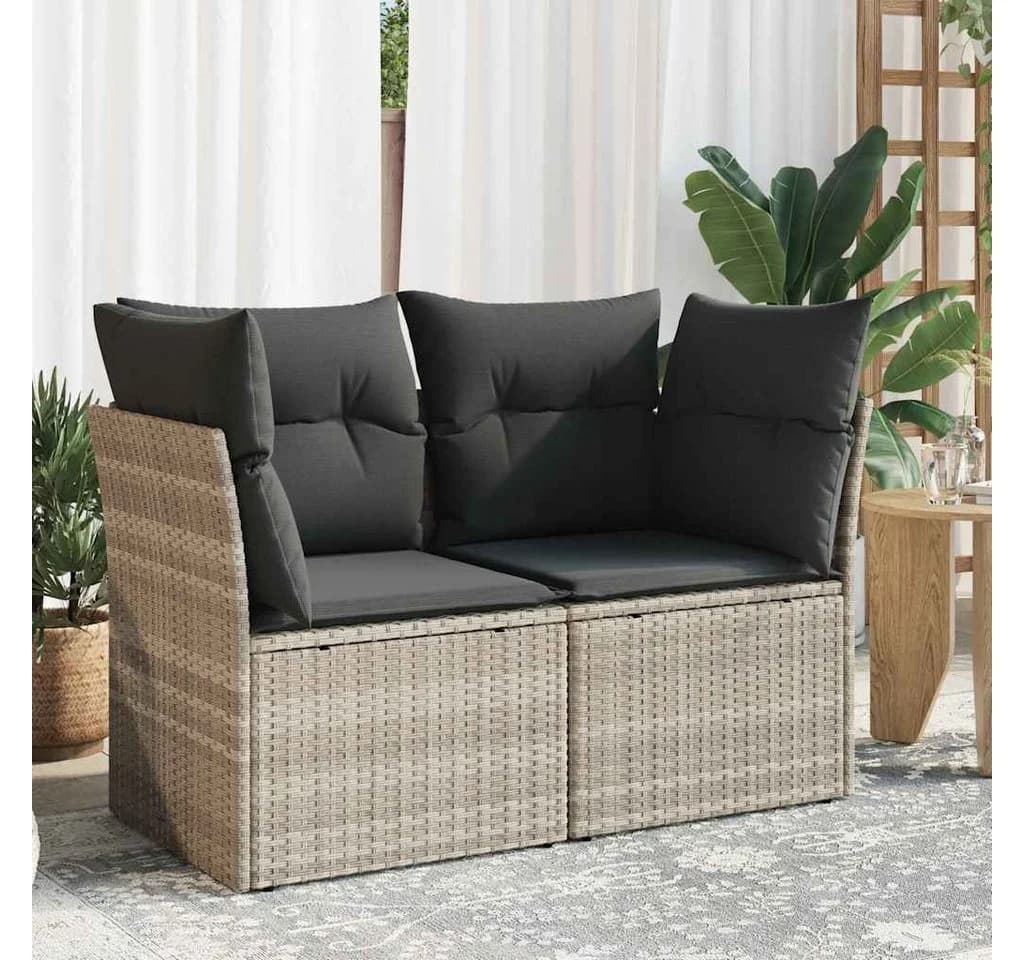 vidaXL Gartensofa 2-Sitzer Hellgrau Poly Rattan mit Kissen