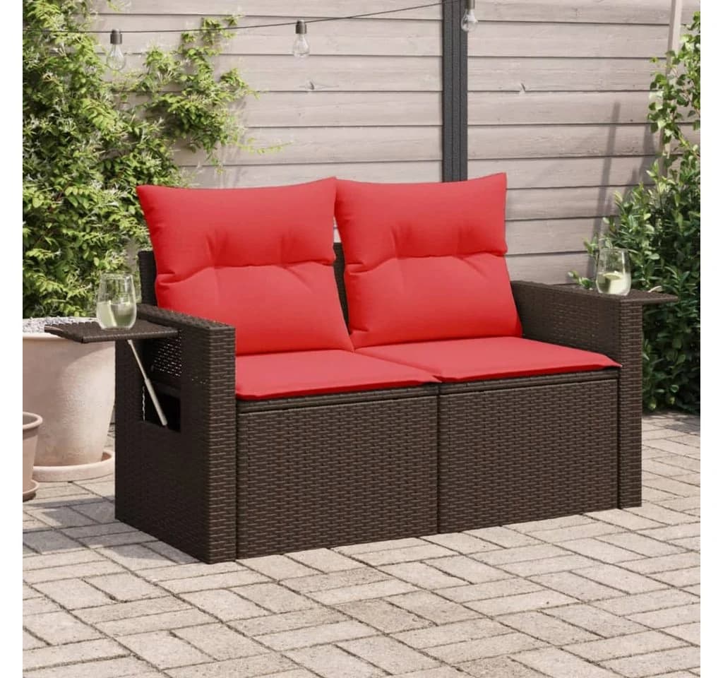 vidaXL Gartensofa 2-Sitzer Braun Poly Rattan mit Kissen