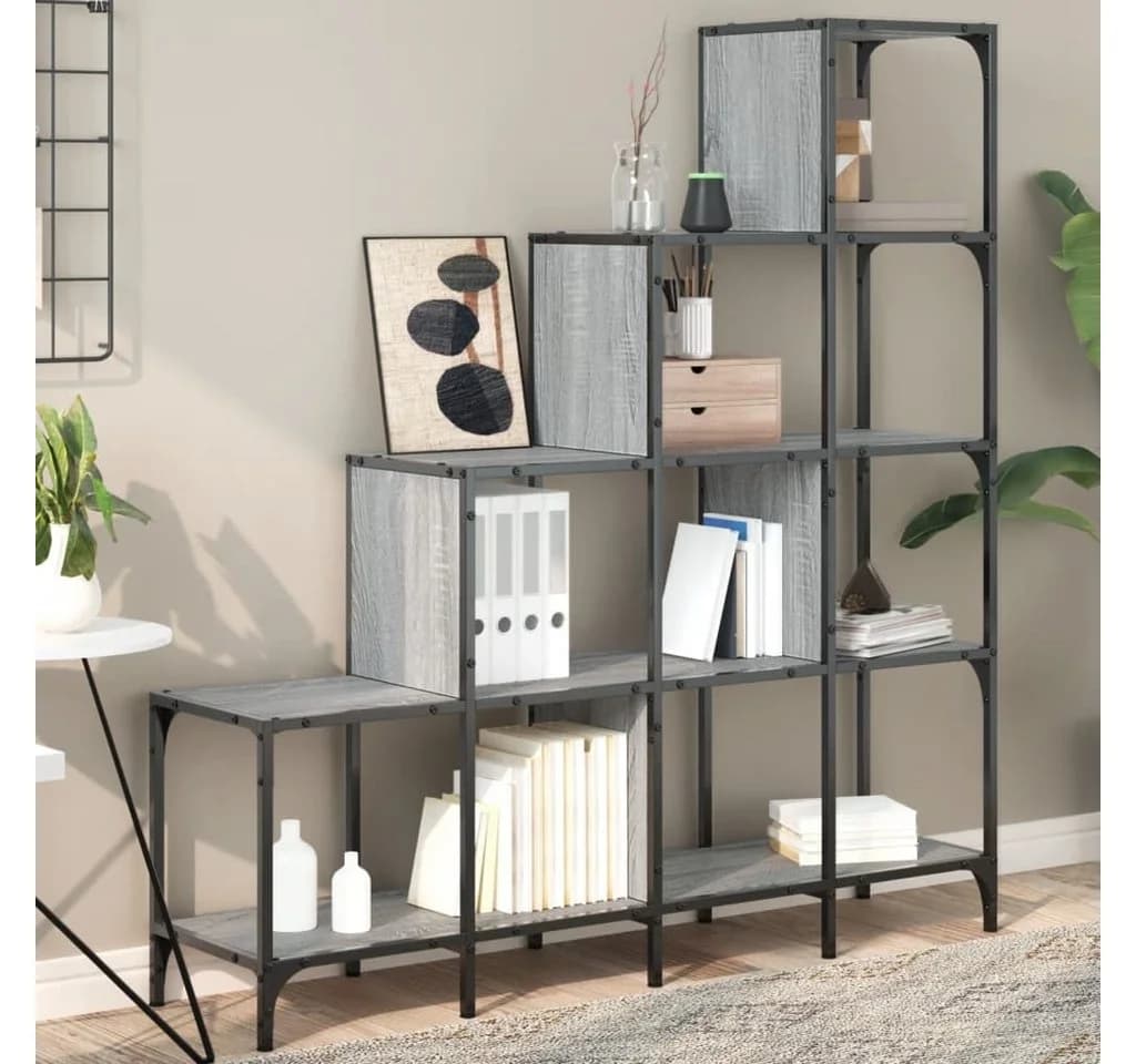 vidaXL Bücherregal Grau Treppenform Holzwerkstoff Metall