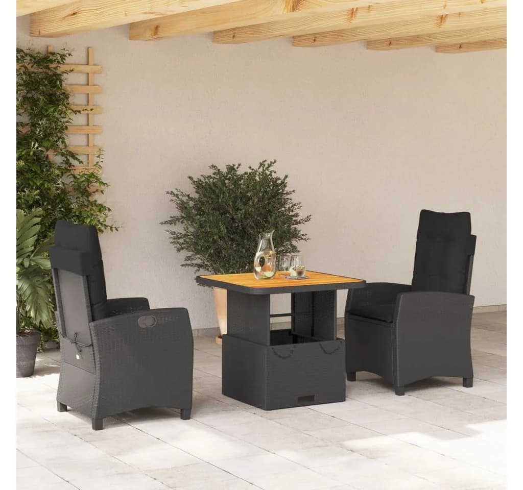 vidaXL Garten-Essgruppe 3-tlg. Schwarz Poly Rattan mit Kissen