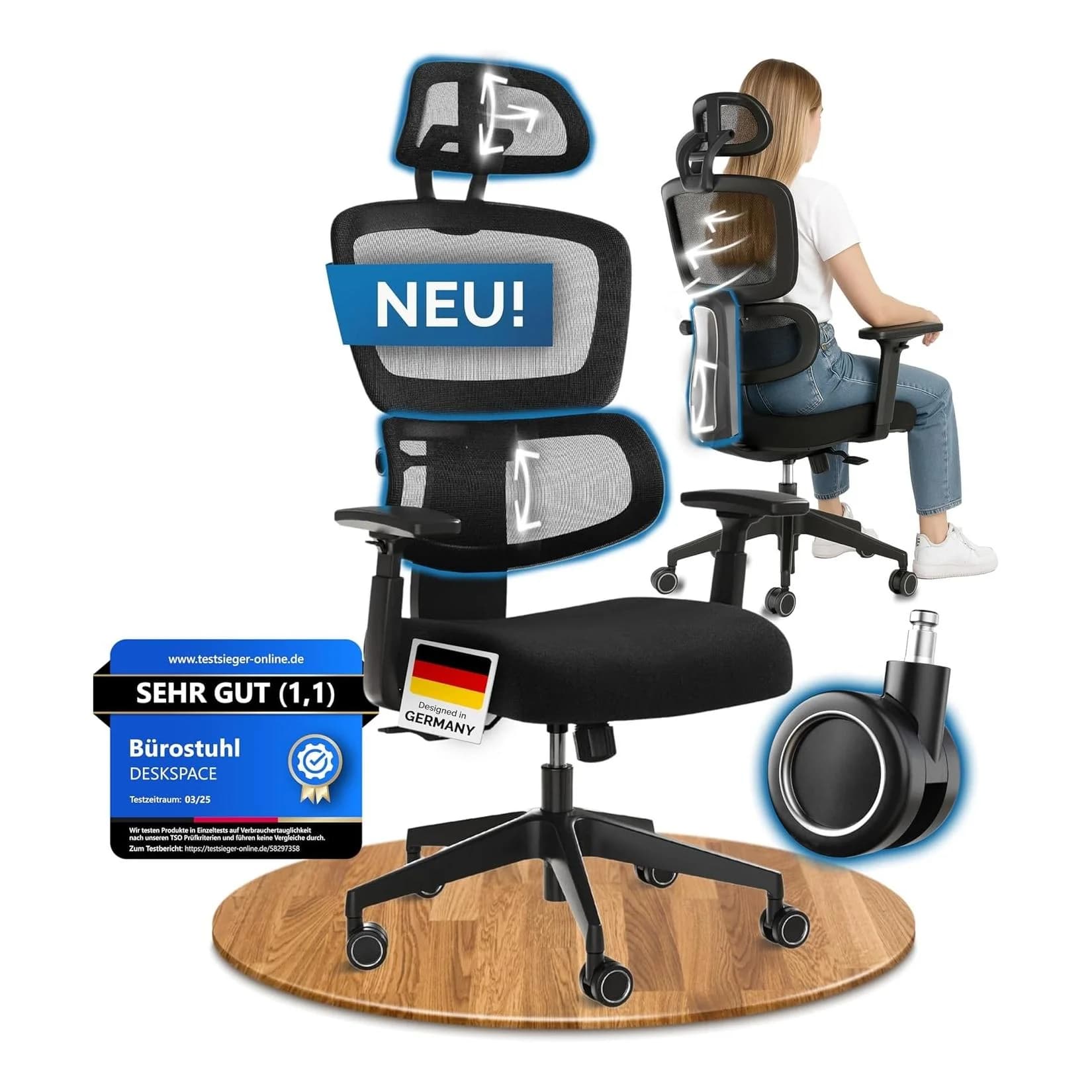 DESKSPACE Bürostuhl Move Ergonomisch Schwarz 3-Stufen Neigung
