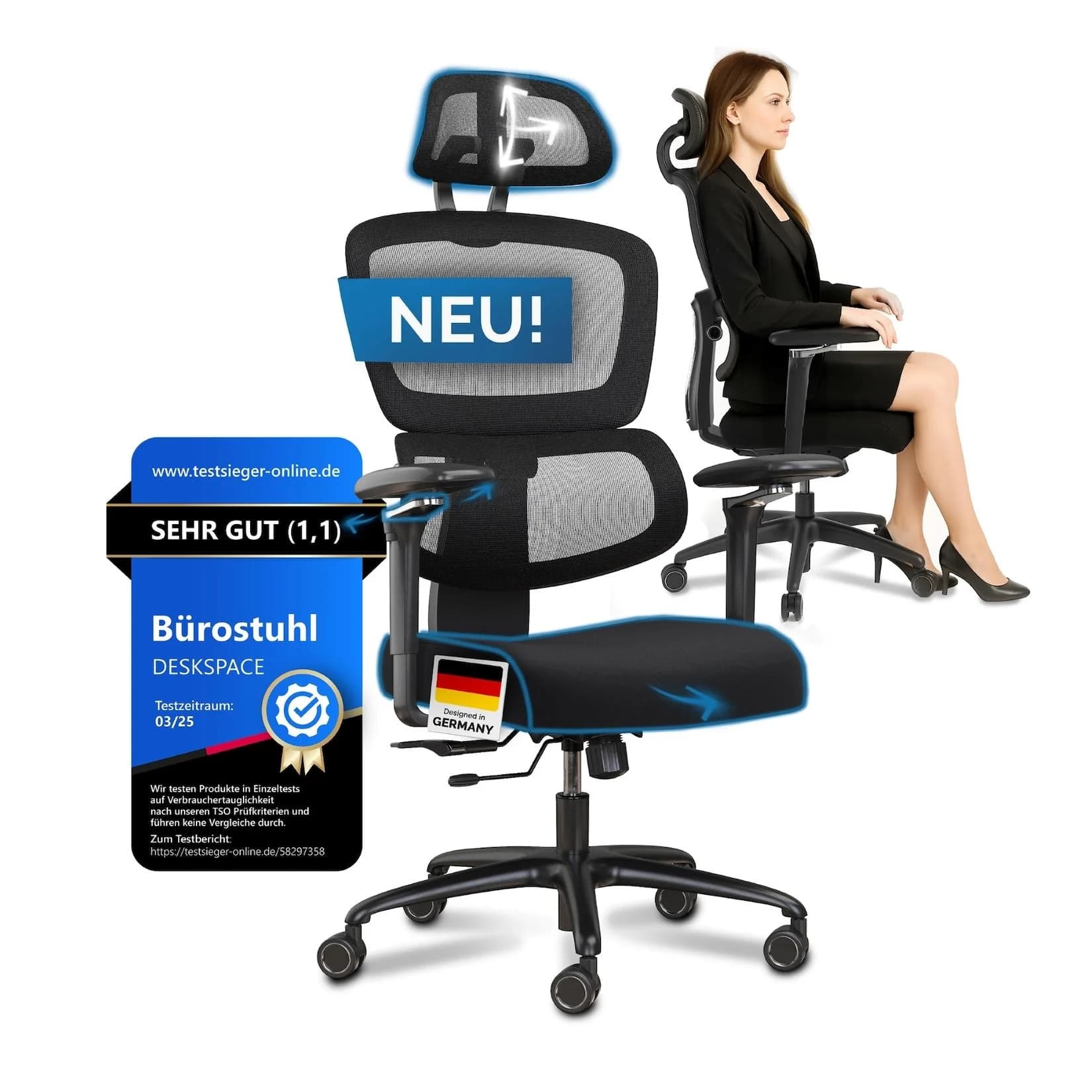 DESKSPACE Move Pro Bürostuhl Netzrücken 3D-Armlehnen Ergonomisch