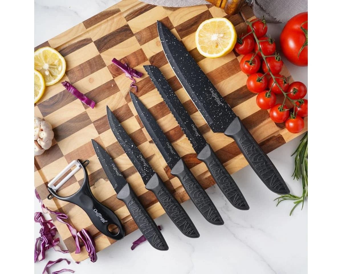 Cheffinger Messer-Set 6-tlg. Schwarz Edelstahl mit Schäler