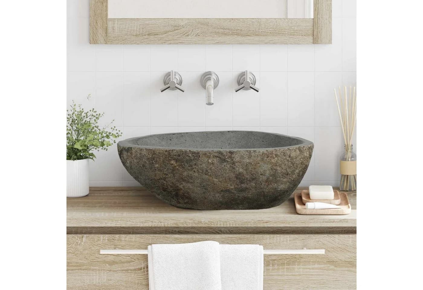 vidaXL Flusssteinwaschbecken Hellgrau 52x40x15cm