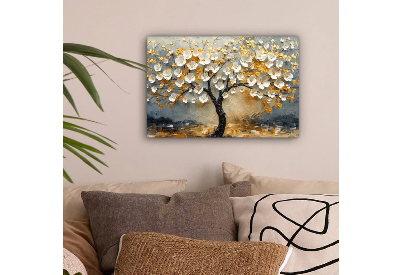 OneMillionCanvasses Leinwandbild Baum Blumen Gold Beige 30x20 cm