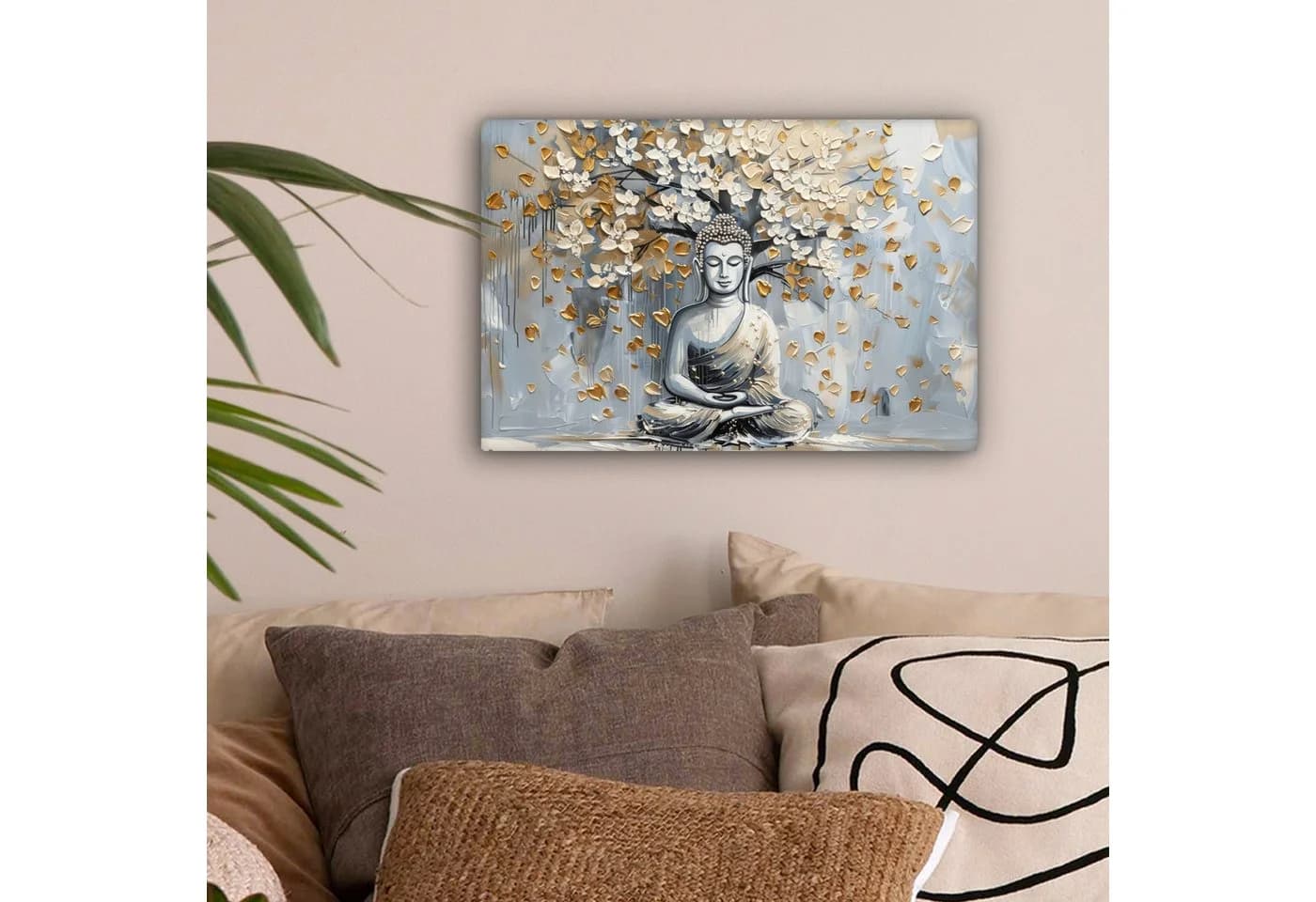 OneMillionCanvasses® Leinwandbild Buddha - Blumen - Baum - Gold - Modern