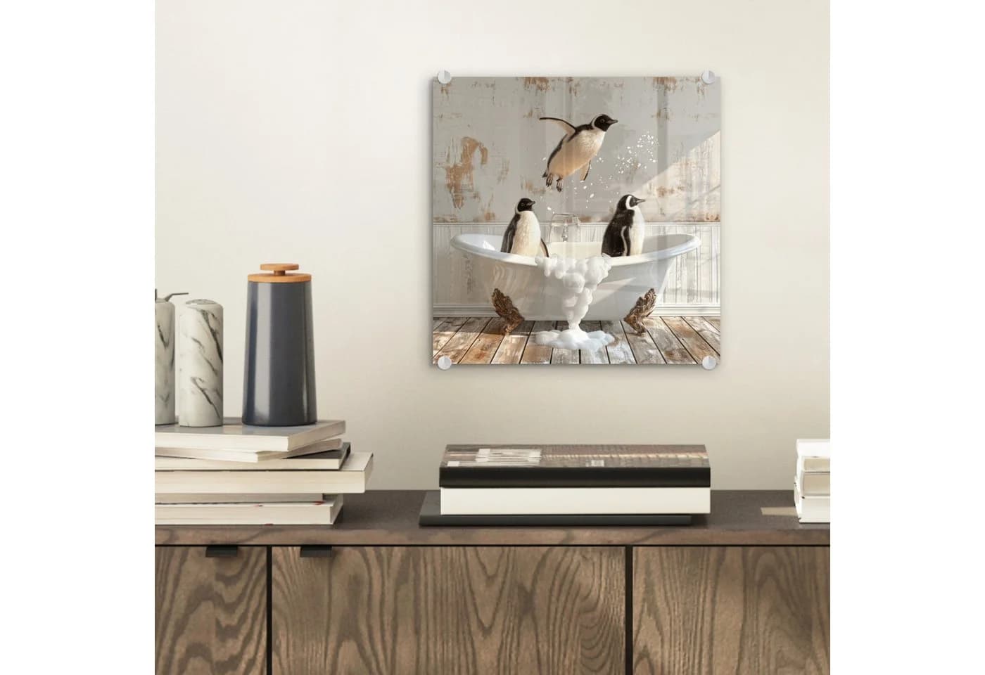 MuchoWow Acrylglasbild Vintage Pinguin Badewanne 20x20 cm