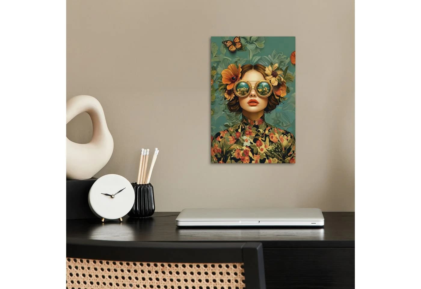 MuchoWow Poster Frau Blumen Vintage Blau
