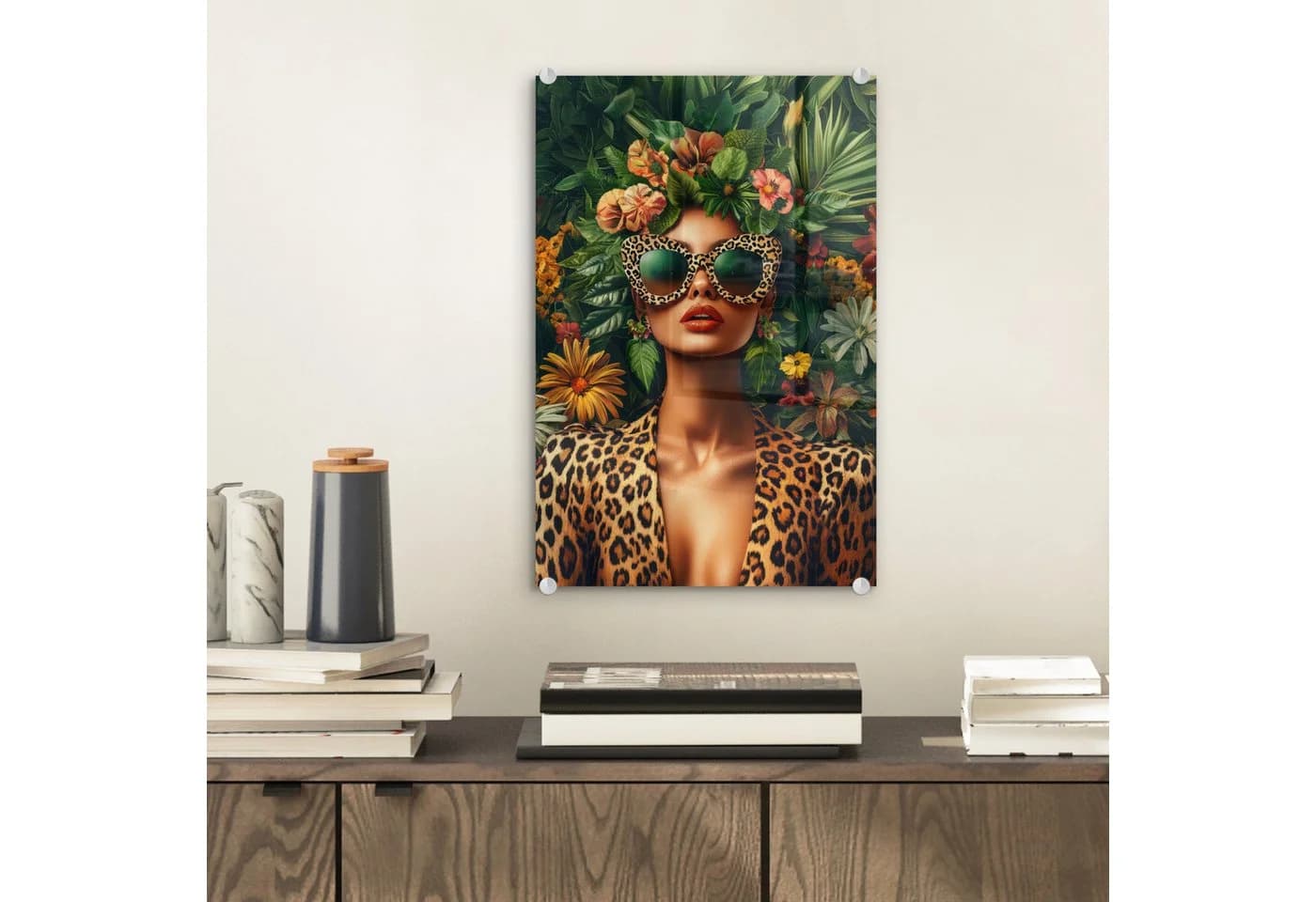 MuchoWow Acrylglasbild Frau Pantherdruck Dschungel Grün