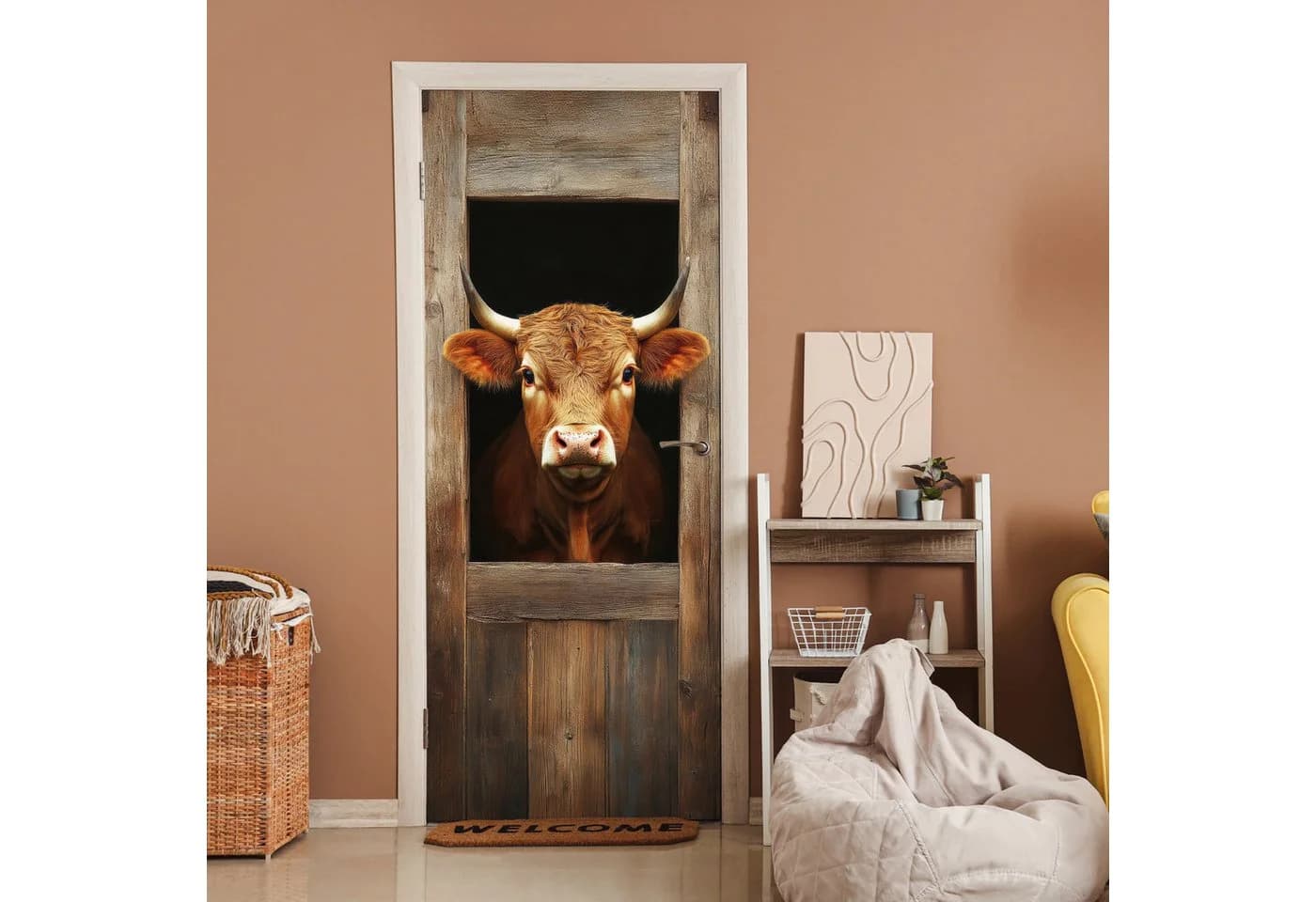 MuchoWow Türtapete Selbstklebend Matt Kuh & Fenster Motiv 75x205 cm