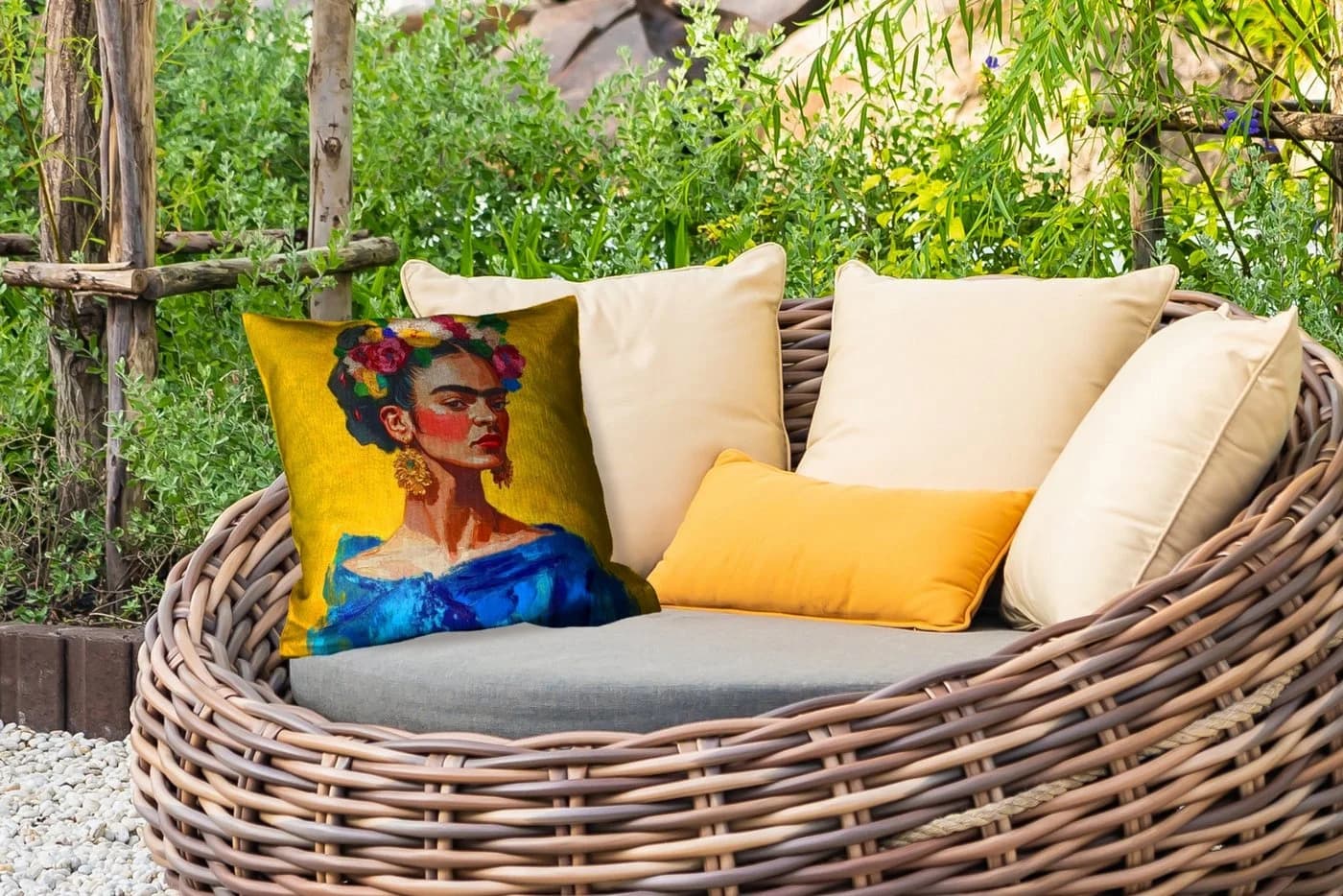 MuchoWow Dekokissen Frida Kahlo Motiv 40x40 cm Gelb Blau