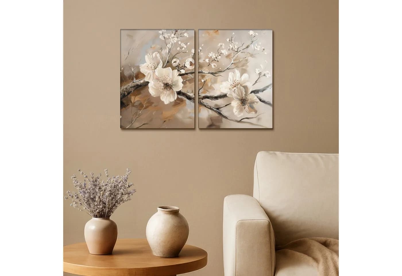 MuchoWow Leinwandbild Blüte Beige Abstrakt 2er Set