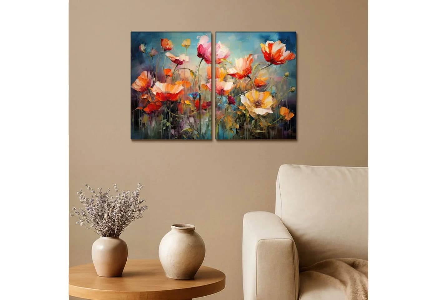 MuchoWow Leinwandbild Blumen Bunt Abstrakt 2er Set