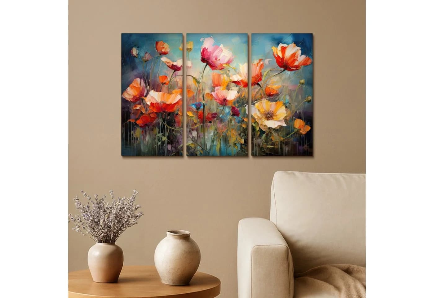 MuchoWow Leinwandbild Blumen Bunt Abstrakt 3er Set
